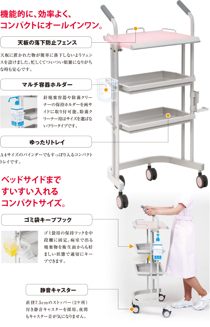 機能的に、効率よく、コンパクトにオールインワン。ベッドサイドまですいすい入れるコンパクトサイズ。